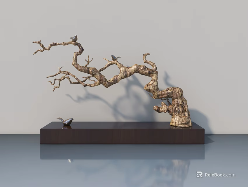 Decorative Tree Branch Sculpture With Small Birds On Wooden Base For Modern Home Decor 3d model 