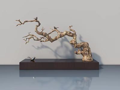 Decorative Tree Branch Sculpture With Small Birds On Wooden Base For Modern Home Decor 3d model