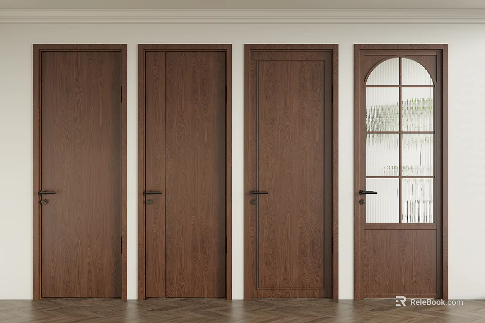 Interior Dark Brown Wooden Hinged Doors with Glass Paned and Solid Panel Designs 3d model 