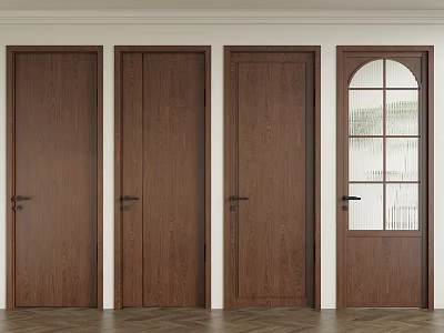 Interior Dark Brown Wooden Hinged Doors with Glass Paned and Solid Panel Designs 3d model