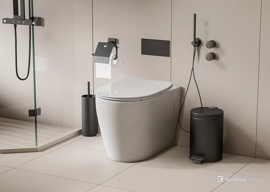 Modern White Toilet in Contemporary Bathroom with Black Trash Can Toilet Brush and Light Tiles 3d model 