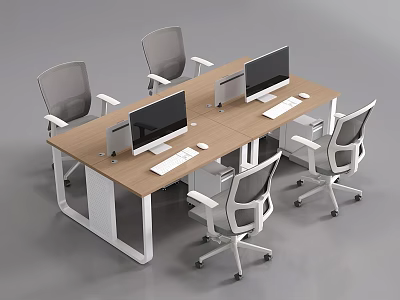 Office Desk With Wooden Tabletop White Legs Two Computer Monitors Keyboards Mice And Four Office Chairs 3d model