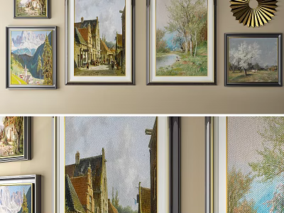 Vintage Framed Landscape Paintings With Rural Buildings Rivers And Trees On Wall 3d model