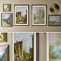 Vintage Framed Landscape Paintings With Rural Buildings Rivers And Trees On Wall