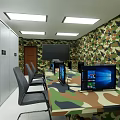 Conference Room With Camouflage Walls Long Table Chairs Cabinets Computer And Projector Screen
