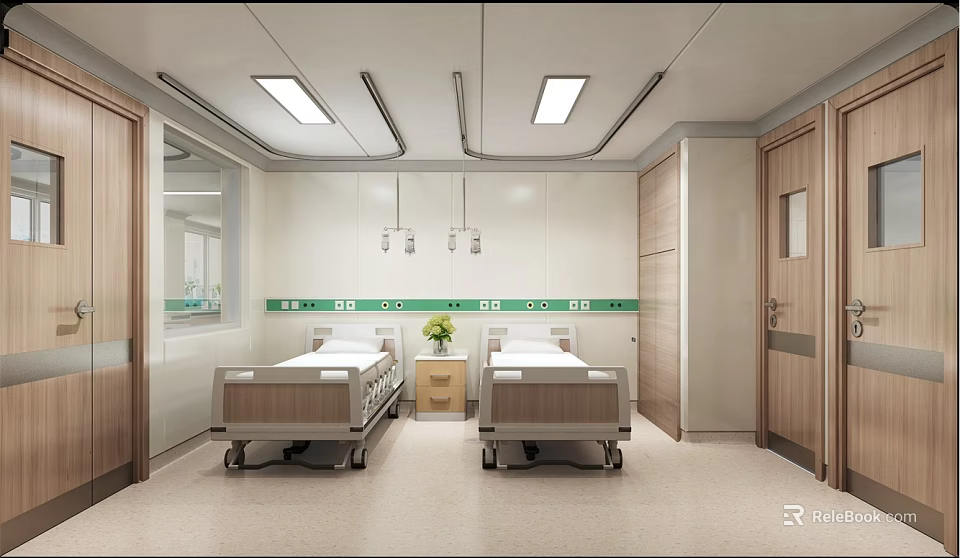 Clean Hospital Room Interior With Two Beds White Walls Green Stripe And Wooden Doors 3d model 