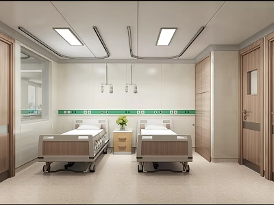 Clean Hospital Room Interior With Two Beds White Walls Green Stripe And Wooden Doors 3d model