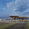 Elevated Spiral Walkway With White Railings And Wooden Supports In Open Grassland