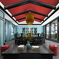 Chinese Style Private Room Interior With Red Ceiling Blue Cabinets And Wooden Tables