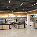 Modern Supermarket Interior With Vegetable Fruit Section Shelves Refrigerators And Checkout Counters