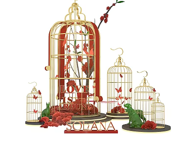 Elegant Golden Birdcages With Red Flowers Butterflies Love Is Round Solana 3d model