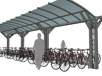 Bicycle Parking Canopy With Metal Frame Transparent Roof And People Nearby 3d model