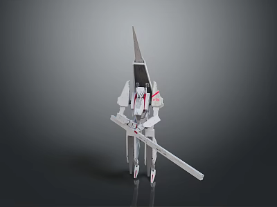 Mechanical Character with Spiked Head White Red Design Standing on Long Legs Holding Long Weapon 3d model