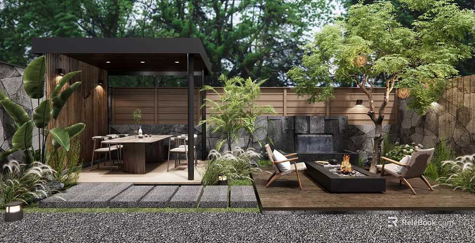 Modern Courtyard Garden Design With Pergola Dining Area Fire Pit And Water Feature Wall 3d model 