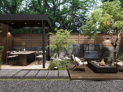 Modern Courtyard Garden Design With Pergola Dining Area Fire Pit And Water Feature Wall 3d model