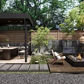 Modern Courtyard Garden Design With Pergola Dining Area Fire Pit And Water Feature Wall
