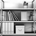 Black Shelving Unit With Metal Frames Books Photo Frames File Folders And Boxes 3d model