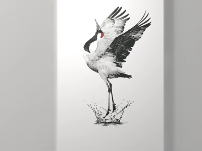Animal Painting of Crane with Spreading Wings Red Crown and Water Splashes 3d model