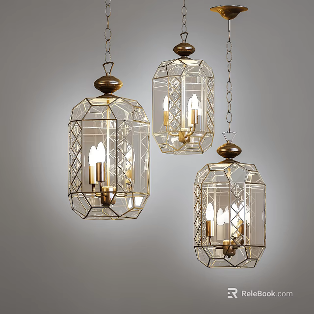 Elegant Hanging Glass Chandeliers With Brass Frame And Candle Shaped Bulbs 3d model 