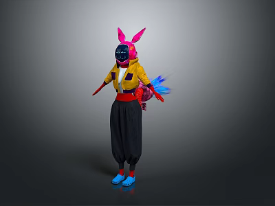 Colorful Character Wearing Rabbit Ear Helmet Yellow Top Black Pants And Blue Shoes 3d model