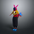 Colorful Character Wearing Rabbit Ear Helmet Yellow Top Black Pants And Blue Shoes