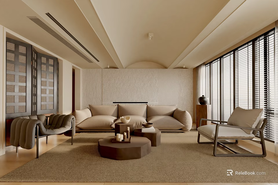 Modern Living Room Interior With Beige Sofa Round Coffee Table Rug And Louvered Windows 3d model 