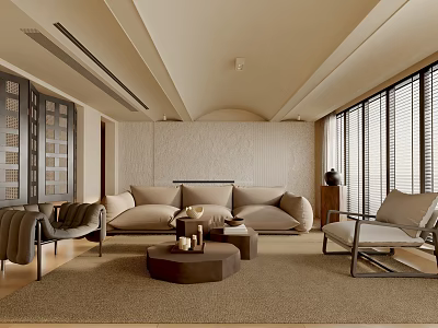 Modern Living Room Interior With Beige Sofa Round Coffee Table Rug And Louvered Windows 3d model