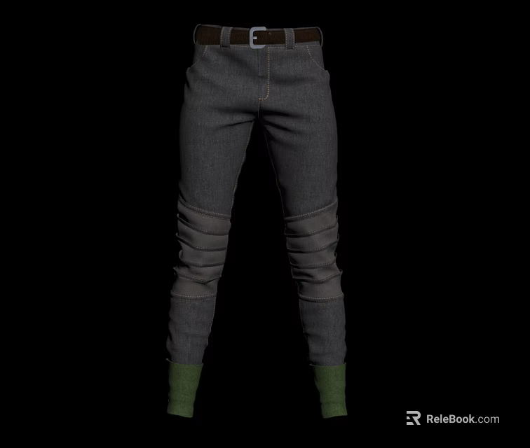 Gray Casual Pants With Brown Belt Pleated Design And Green Socks At Cuffs 3d model 