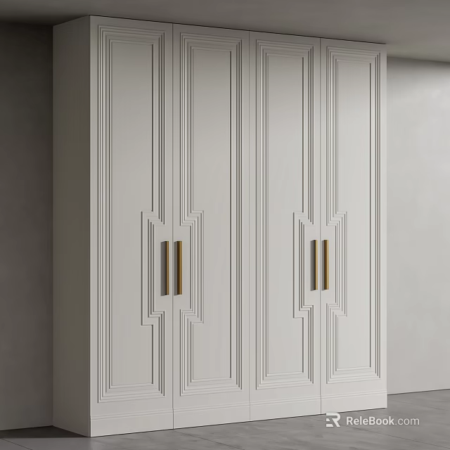 Elegant Modern Wardrobe Design With Sleek White Paneled Doors And Golden Handles 3d model 