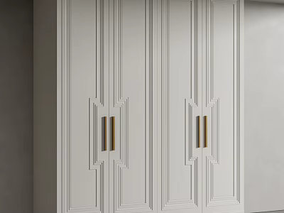Elegant Modern Wardrobe Design With Sleek White Paneled Doors And Golden Handles 3d model