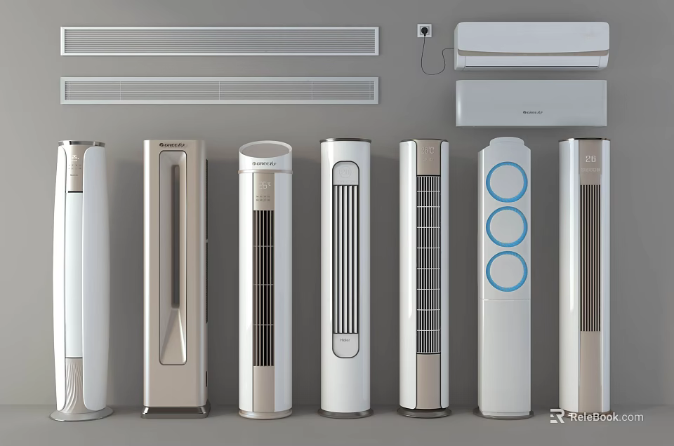 Air Conditioner Fans with Tower and Wall Mounted Units Modern Sleek White Beige Design 3d model 