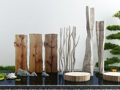 Natural Rockery Stones Garden Landscape With Water Feature Wooden Logs And Greenery 3d model