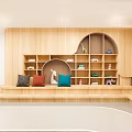 Kindergarten Interior Design With Blue Beige Walls Wooden Decor Round Pendant Lights Kids Play Area