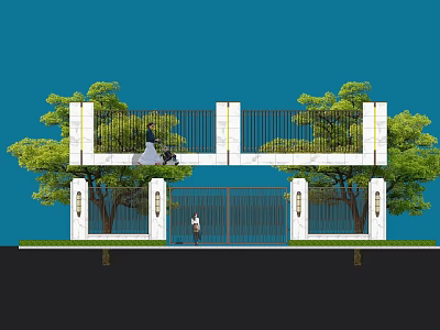 Iron Entrance Gate With White Pillars And Green Trees Under Blue Sky 3d model