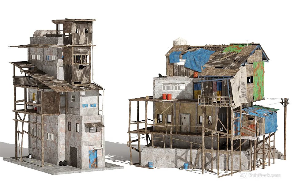 Dilapidated Residential Buildings With Damaged Roofs Blue Tarps Scaffolding And Peeling Walls 3d model 
