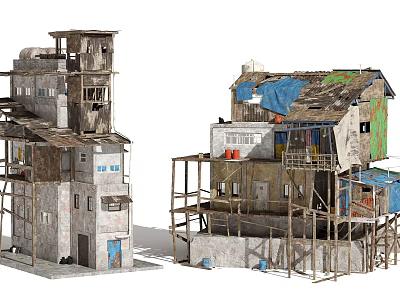 Dilapidated Residential Buildings With Damaged Roofs Blue Tarps Scaffolding And Peeling Walls 3d model