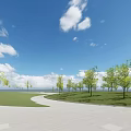 Open Square Landscape With Green Lawn Trees And Geometric Paved Ground Under Blue Sky