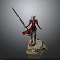 Warrior In Red Silver Armor With Red Cape And Long Sword Standing On Rock