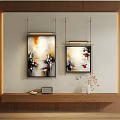 Abstract Paintings Featuring Orange Yellow Black White Red Accents On Interior Wall With Wooden Shelf
