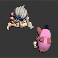 Cute Game and Movie Characters with White Hair Blue Swimsuit Pink Cat Ears Blue Shorts