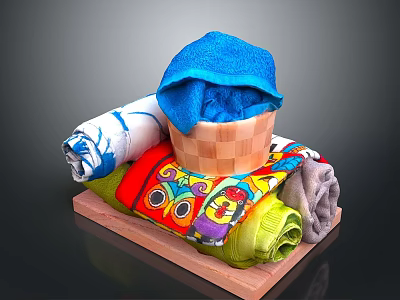 Colorful Rolled Towels Display With Blue Towel In Wooden Basket And Various Patterns On Tray 3d model