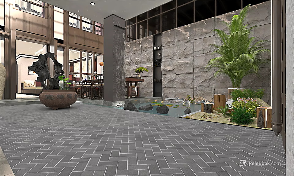 Serene Outdoor Garden Landscape With Stone Wall Water Feature Green Plants And Decorative Rocks 3d model 