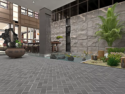Serene Outdoor Garden Landscape With Stone Wall Water Feature Green Plants And Decorative Rocks 3d model