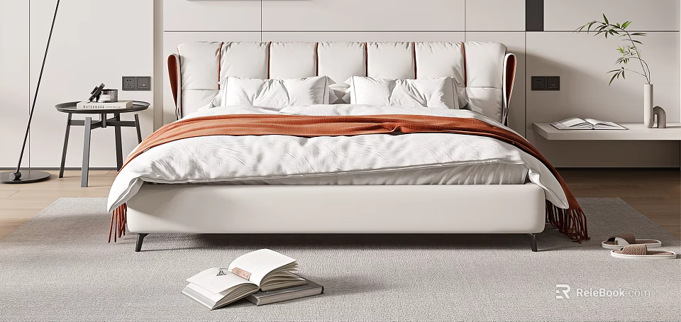 Modern Double Bed With White Orange Headboard White Pillows And Orange Blanket 3d model