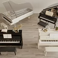 Various Black And White Grand Upright Pianos With Stools And Framed Art Pieces