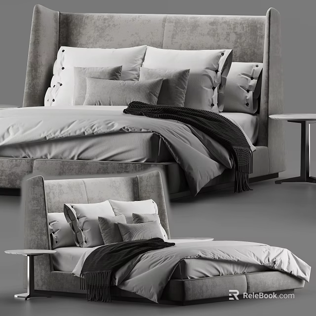 Elegant Modern Double Bed Interior Featuring Soft Pillows Linen Sheets And Minimalist Nightstand 3d model 