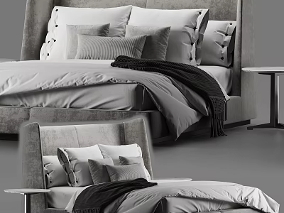 Elegant Modern Double Bed Interior Featuring Soft Pillows Linen Sheets And Minimalist Nightstand 3d model