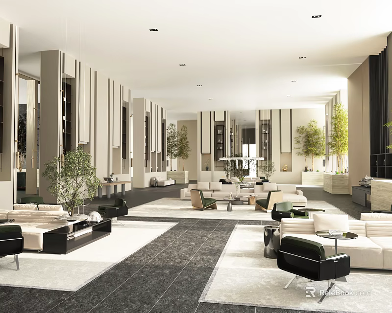 Modern Sales Office Interior Design With Comfortable Sofas Green Plants And Spacious Layout 3d model