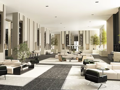 Modern Sales Office Interior Design With Comfortable Sofas Green Plants And Spacious Layout 3d model