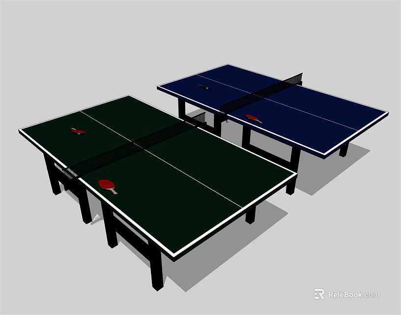Green and Blue Table Tennis Tables as Sports Equipment with Ping Pong Rackets and Balls 3d model 